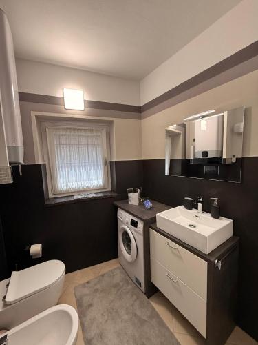 a bathroom with a toilet a sink and a washing machine at Matteo Lago in Sale Marasino