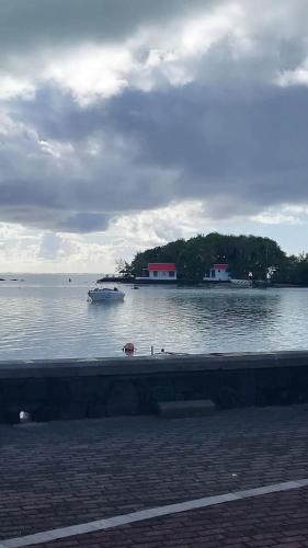 a boat in a large body of water at Spacious Apartment in Mahébourg with Sea View in Mahébourg