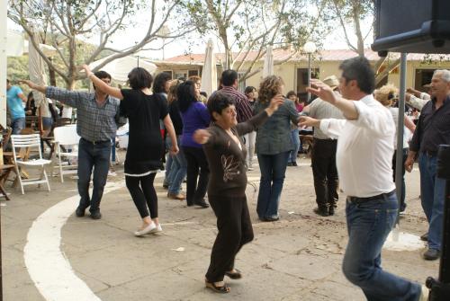a group of people dancing in front of a crowd at O Ioannis in Kritinía