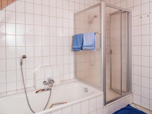 a bathroom with a shower and a tub with a glass door at Schwarzwald-Ferienwohnung auf dem Bauernhof in Schuttertal
