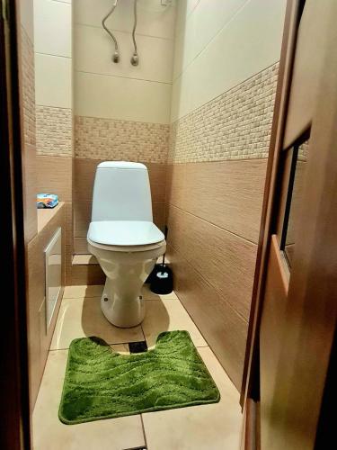 a bathroom with a toilet and a green rug at 43 Квартира in Bila Tserkva
