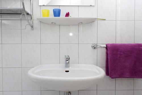 a bathroom with a sink and a purple towel at Ferienhaus Waldblick, 130 qm, 3 Schlafzimmer in Bad Wünnenberg