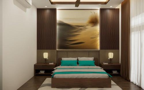 una camera da letto con un letto e un dipinto sul muro di Paradise Mountain View Resort a Vang Vieng
