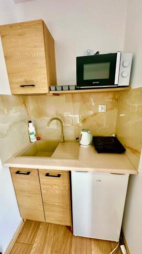 a kitchen counter with a microwave and a sink at Apartament nr 3 przy Sali Kominkowej in Przeczyce