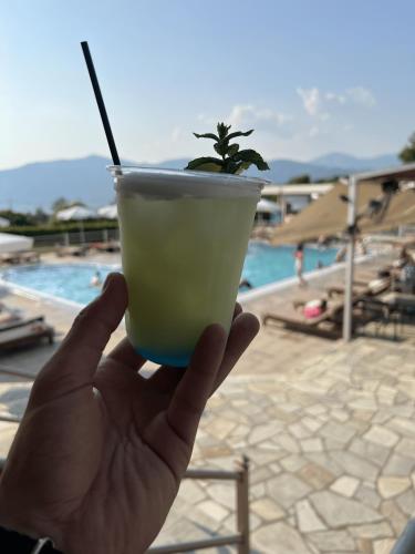a hand holding a drink in front of a pool at Agnanti Hotel in Velventós