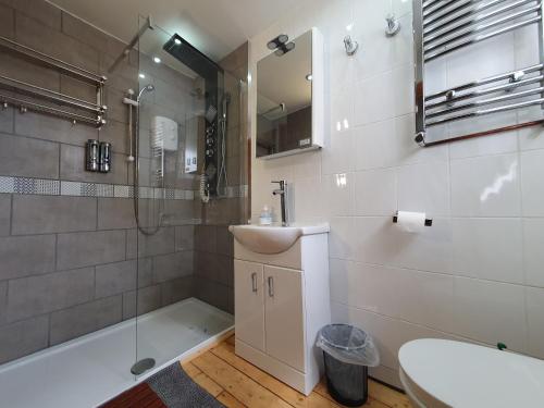 a bathroom with a sink and a shower and a toilet at FREE DOG STAY - LARGE APARTMENT - Walk in Shower -FULL Kitchen - Free On Street Parking, NETFLIX - Super Fast WiFi - DVD's-Welcome Tray - No Deposits - Just Meters from Gavin n Stacey Film House in Barry