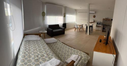 a small room with a bed and a living room at alquiler diario el palmar in Cinco Saltos