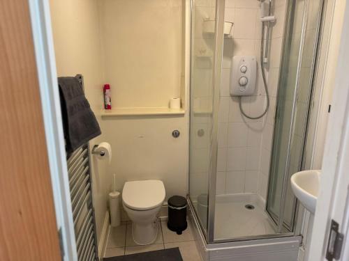 Un baño con ducha, inodoro y lavabo. en Beautiful room- private bathroom, en Harrow