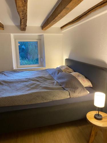 a bedroom with a bed and a window at Cozy tiny house in Kyllburg
