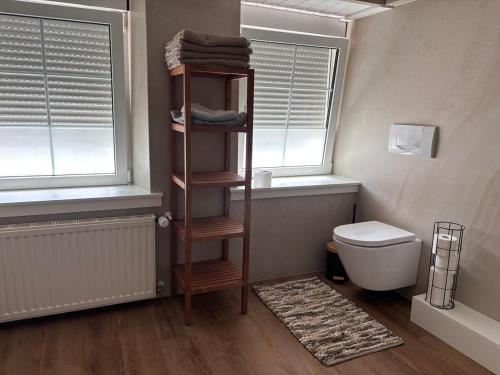 a bathroom with a toilet and two windows at Cozy tiny house in Kyllburg
