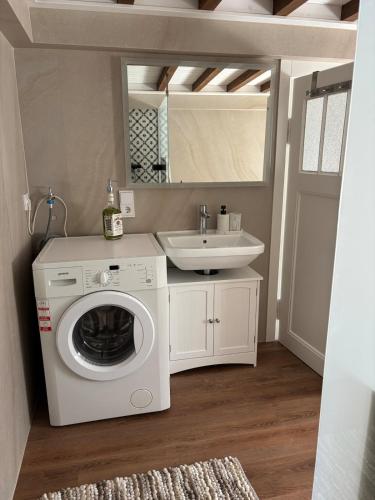 a bathroom with a washing machine and a sink at Cozy tiny house in Kyllburg
