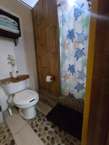 a bathroom with a toilet and a shower at Cabañas Mannan in Tanchachín