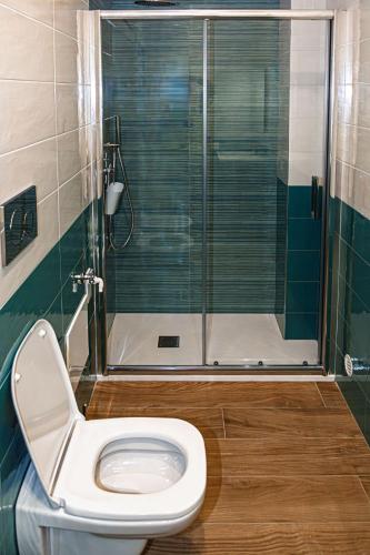 a bathroom with a shower and a toilet with a glass door at Starry Sky House in Mola di Bari