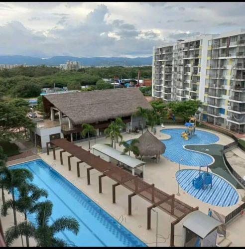 an aerial view of a swimming pool at a resort at Brisas la aldea in Ricaurte