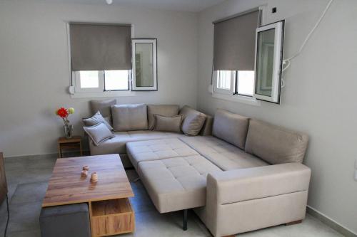 a living room with a couch and a coffee table at Thaleia apartment in Ladochórion