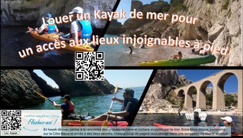 a collage of pictures of people in kayaks on the water at "LaCigaleDeNiolon", Vue Mer à 180 & Terrasse, Plage à 50m, Wi-Fi & Netflix in Le Rove