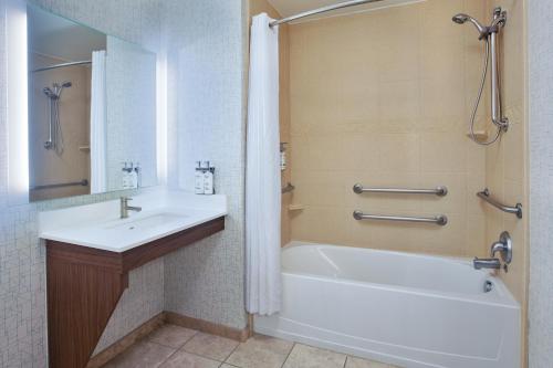a bathroom with a white tub and a sink and a shower at Holiday Inn Express Hotel & Suites Auburn Hills by IHG in Auburn Hills