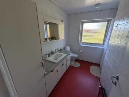 a bathroom with a sink and a toilet and a window at Suburban house in Rødbyhavn in Rødby