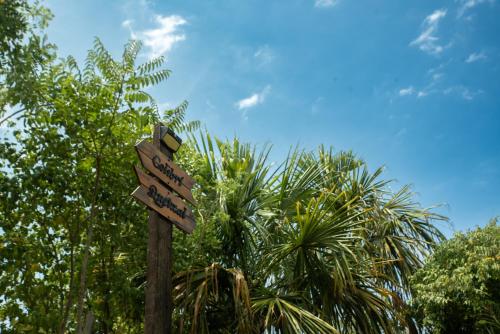 a street sign in front of some trees at Cielva Tayrona - Cabaña Quetzal Vista al Mar A/C in Los Naranjos