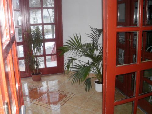 una habitación con macetas y una puerta roja en Stop Panzio, en Debrecen