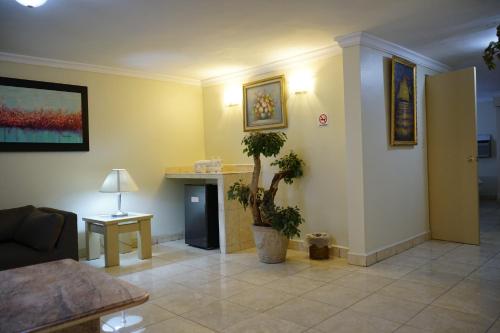 a living room with a couch and a fireplace at Hotel Posada del Sol Inn in Torreón