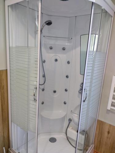 a glass shower with a toilet in a bathroom at Complejo Phira in Puerto Pirámides