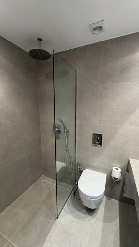 a bathroom with a toilet and a glass shower at Cityloft Avenue in Mastambás