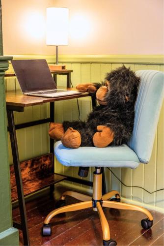 a stuffed animal sitting on a chair in front of a desk at The Jungle Nook - Themed Getaway,Backyard,Grill in Savannah