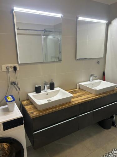 a bathroom with two sinks and a large mirror at Villa Panorama in Senj