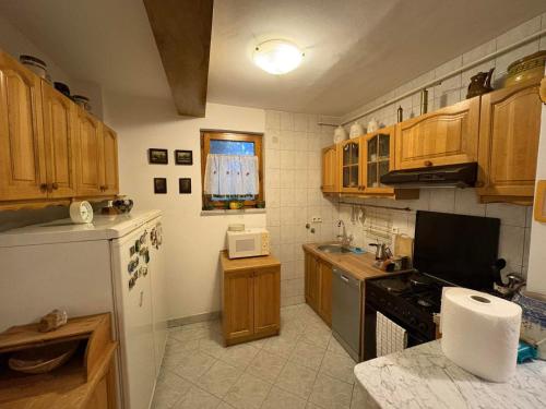 eine Küche mit Holzschränken und einem Herd mit Backofen in der Unterkunft Casa Bella Stup in Sarajevo