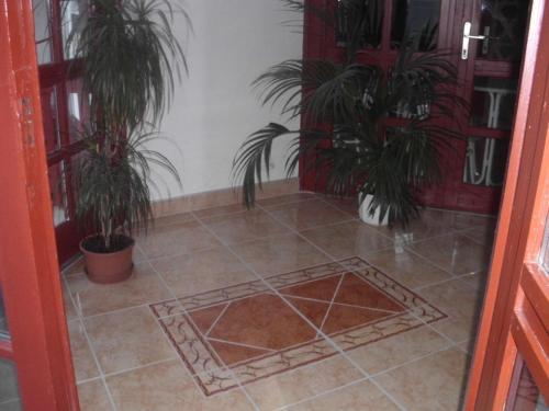um quarto com dois vasos de plantas num piso de azulejo em Stop Panzio em Debrecen