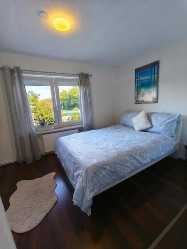 a bedroom with a large bed and a window at FeWo Goslar Harz in Goslar