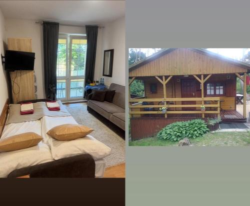 dos fotos de una sala de estar y una casa en Apartament MONA przy morzu, na parterze,ul Żeromskiego,przy centrum, en Krynica Morska