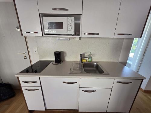 a kitchen with a sink and a microwave at Renovated Apartment Near Zurich Lake Sees Self Checkin in Zürich