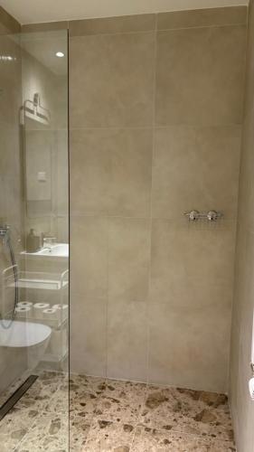a bathroom with a glass shower and a sink at Scala Reale in Sajmište