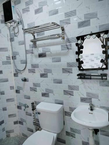 a bathroom with a toilet and a sink and a mirror at 1B - Cabanatuan City's Best Bed and Breakfast Place in Bantug