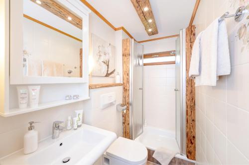 een badkamer met een wastafel, een toilet en een douche bij "Ferienwohnung Ess" - Annehmlichkeiten von 4-Sterne Familien-und Wellnesshotel Viktoria können mitbenutzt werden in Oberstdorf