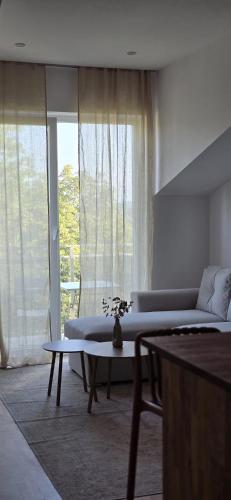 a living room with a couch and a table at Runo Apartamenty - komfort i widok w centrum miasta in Sanok