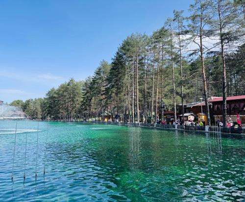 una gran masa de agua con árboles en el fondo en Apartman Bella Zlatibor, en Zlatibor