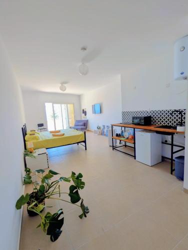ナダにあるGozo Vacation Studiosのリビングルーム(黄色のベッド1台、テーブル付)