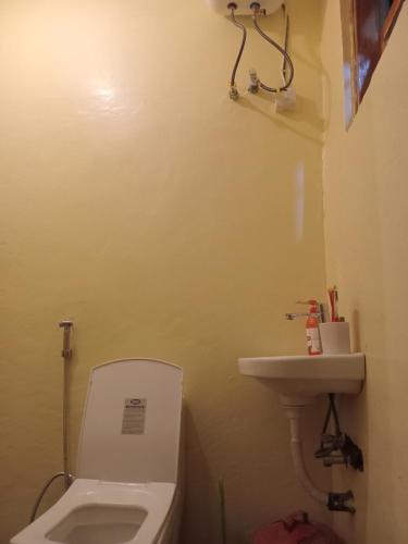 a small bathroom with a toilet and a sink at Patience Airport cottages in Boma la Ngombe