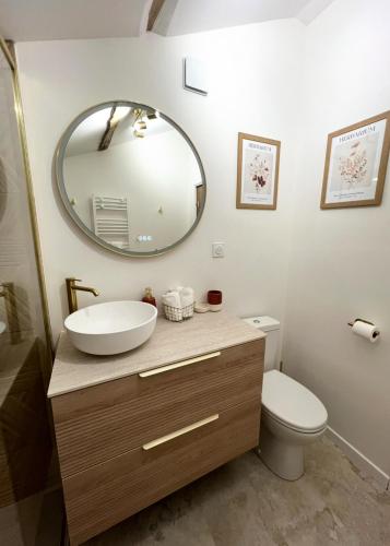 a bathroom with a sink and a toilet and a mirror at Serenity Appart', Les Clés de l'Espoir, proche Poitiers in Nieuil-lʼEspoir
