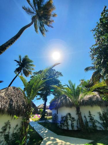 a palm tree leaning over a building with palm trees at Serendipia Hotel Nizao in Nizao