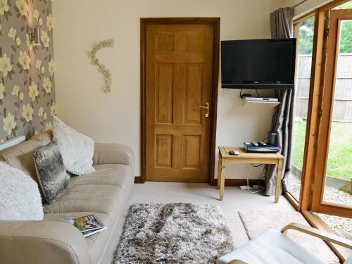 a living room with a couch and a flat screen tv at Black Thorn Cottage in Falmouth