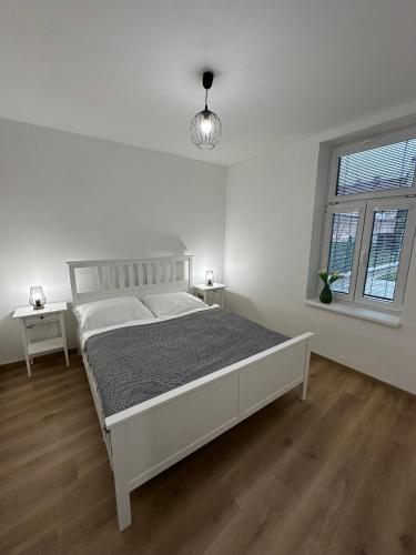 a white bedroom with a large bed and two windows at Vila Fráňa apartmán 5 in České Budějovice