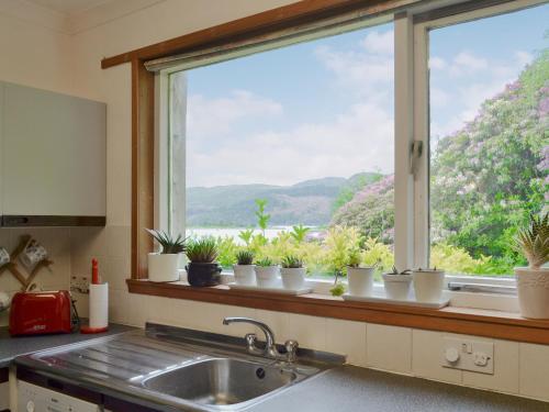 a kitchen with a window with potted plants on it at Dunyvaig in Colintraive