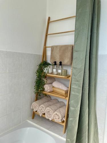 a bathroom with a towel rack next to a bath tub at L'escapade de saint Antoine in Compiègne