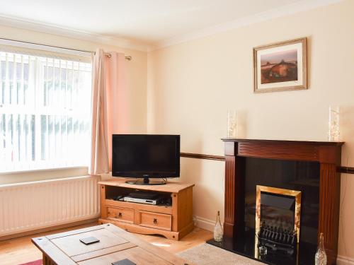a living room with a television and a fireplace at Twizell Cottage in Alnwick
