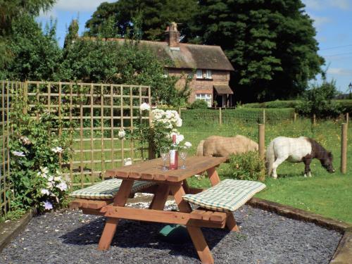 a wooden picnic table and benches in a garden with animals at Childe Of Hale Cottage - 27896 in Hale