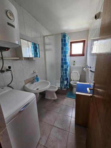 a bathroom with a sink and a toilet and a shower at Apartman Juliana in Stara Novalja
